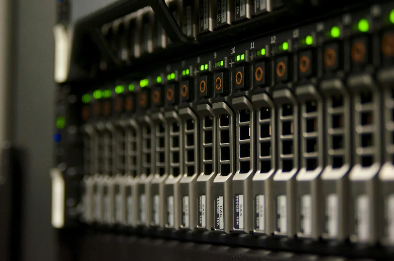Front of a rack server showing a row of drive bays with green status lights, in a dark room